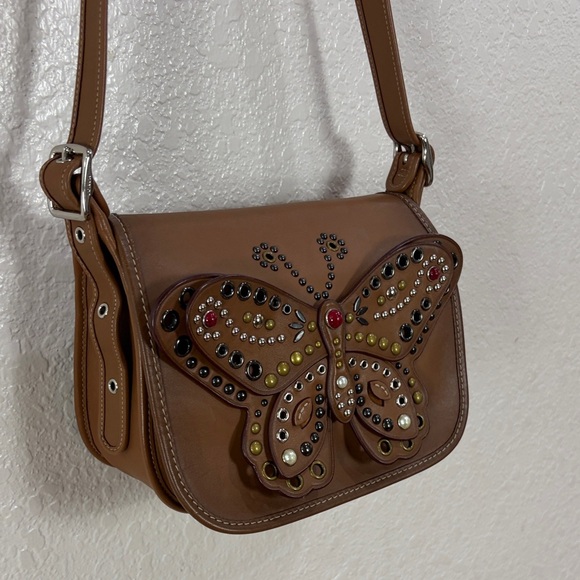 COACH Butterfly Embellished Brown Leather Crossbody Bag - Picture 16 of 17